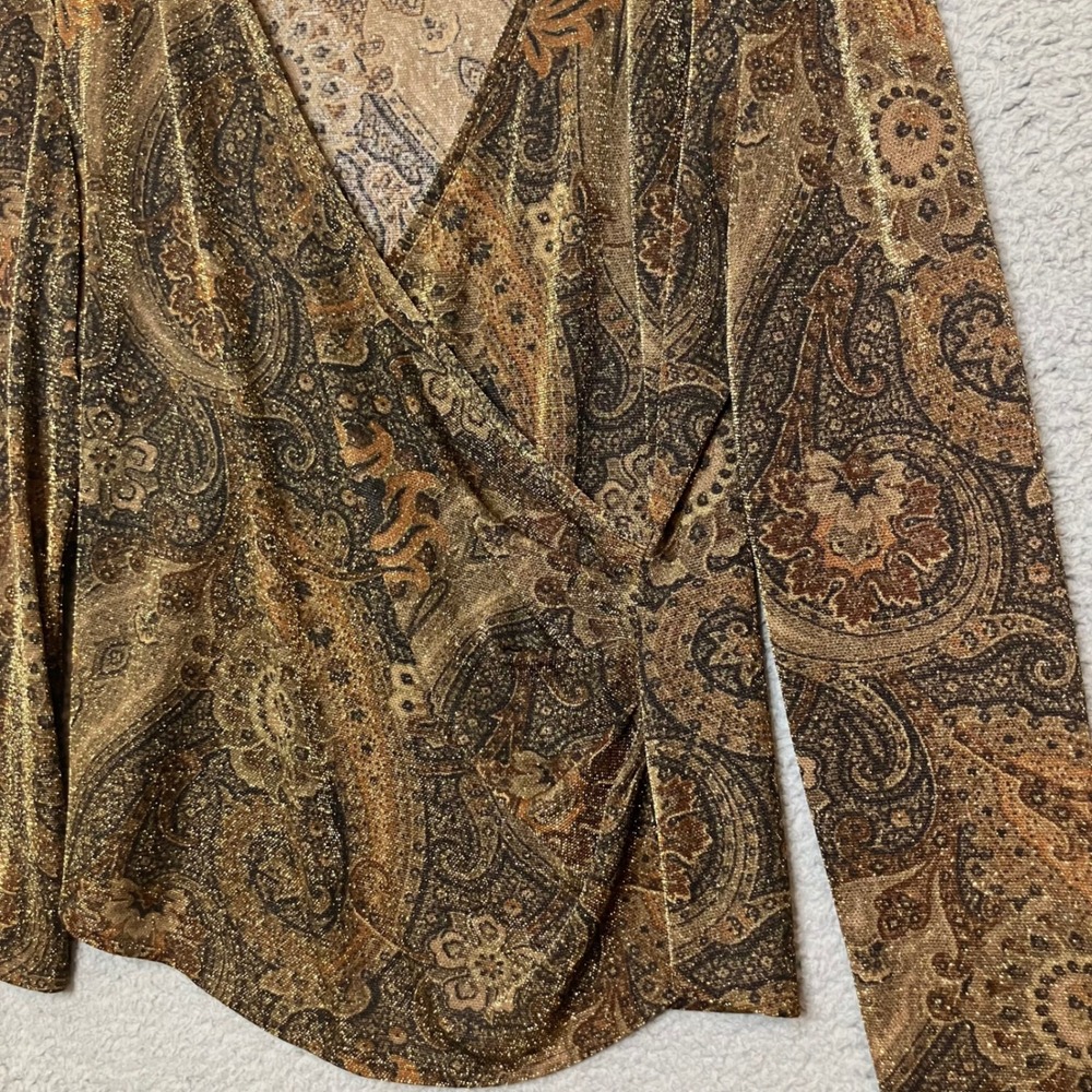 VTG Carlisle Wrap Top Women L Brown Metallic Fairy Whimsigoth Mob Wife 80s 90s - Picture 4 of 8